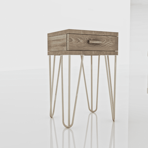 Table de nuit fabriquée en bois de hêtre avec une structure en métal, composé d'un tiroir